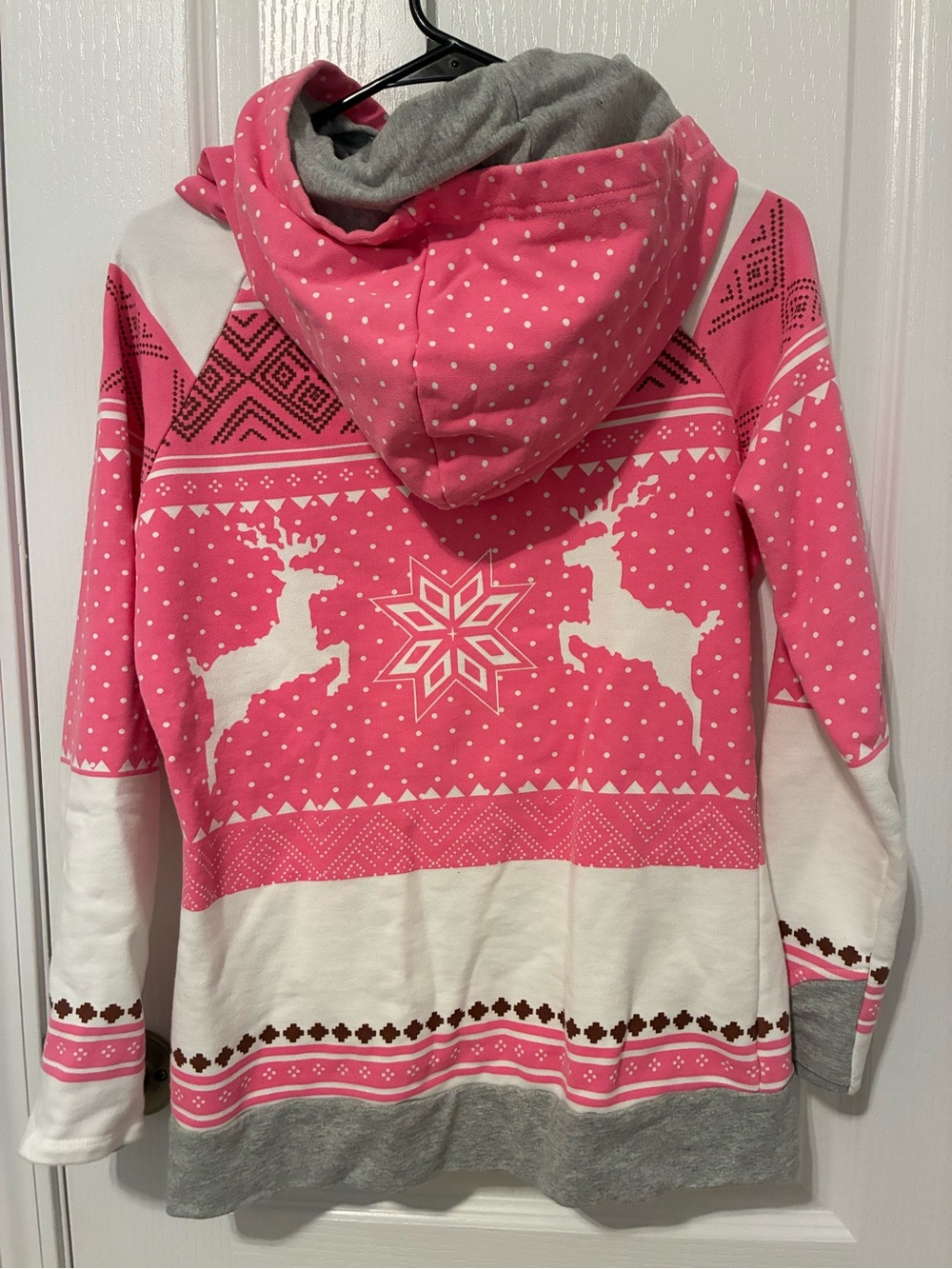 Women's Pink Reindeer Pattern Double Hoodie Sweatshirt - Picture 2 of 8
